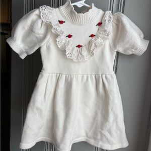 Janie & Jack Size 3 White Knit Dress with Lace and Red Rose Accents